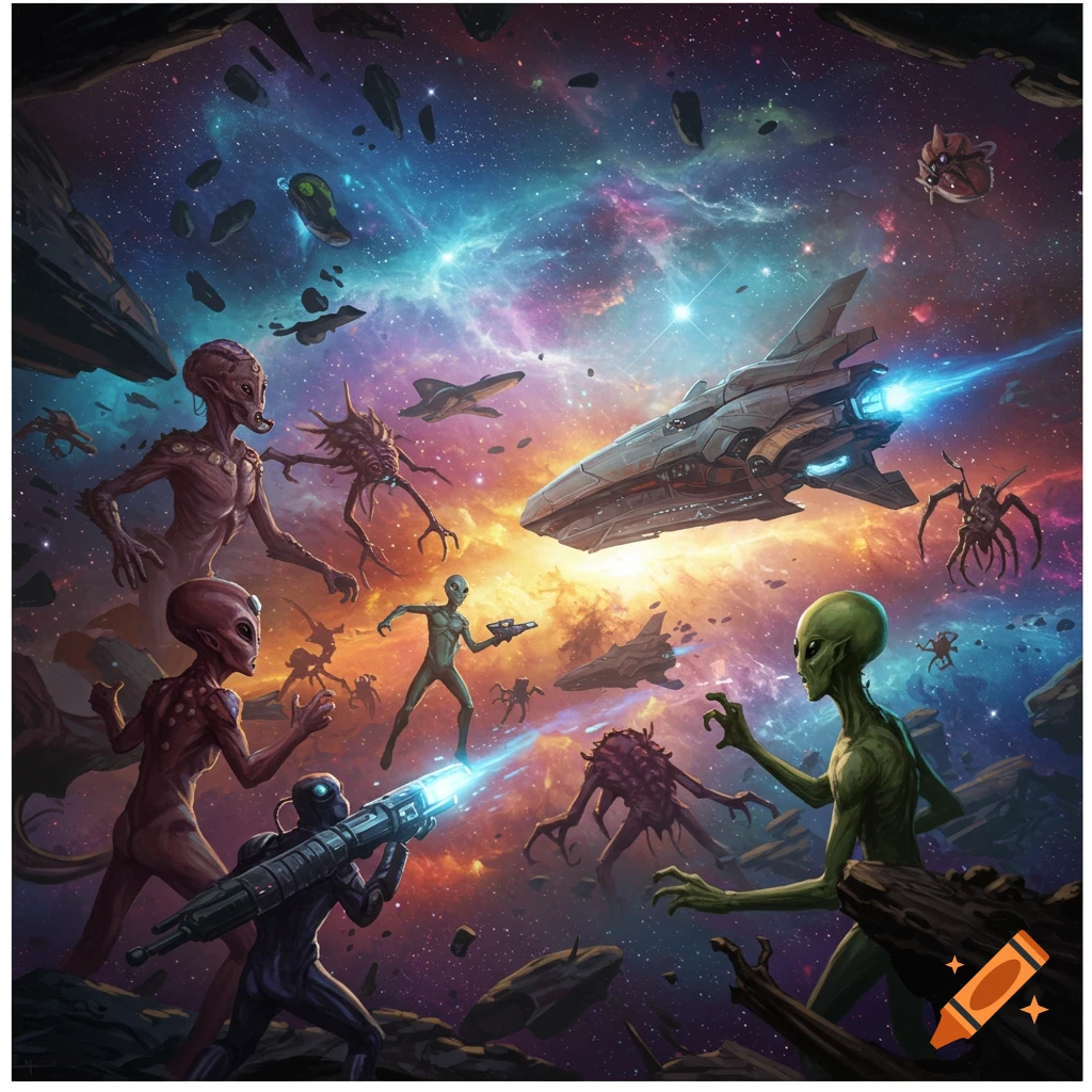 A space battle with aliens and spaceships.