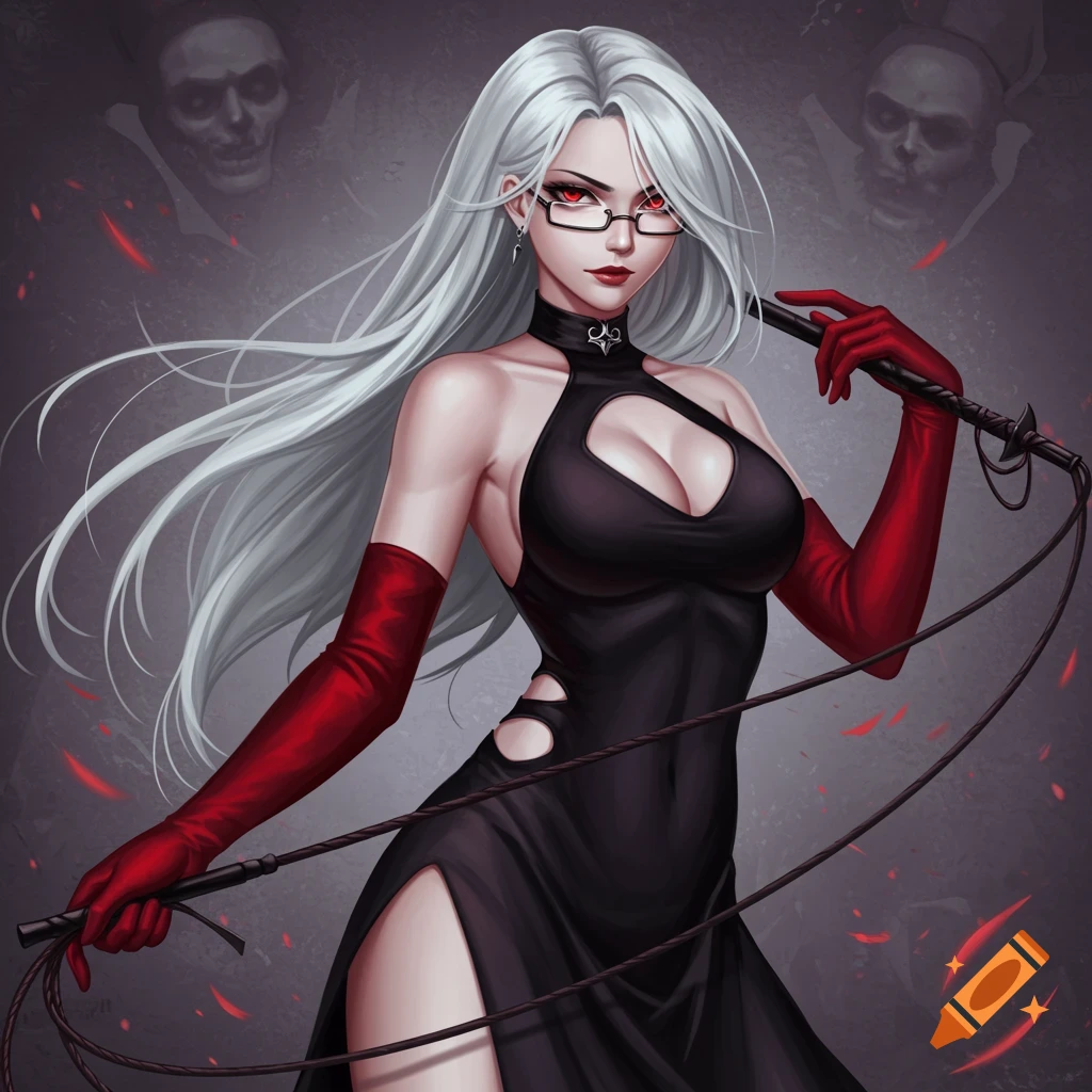 A woman with silver hair, red eyes, glasses, black dress, and red gloves, holding a whip.