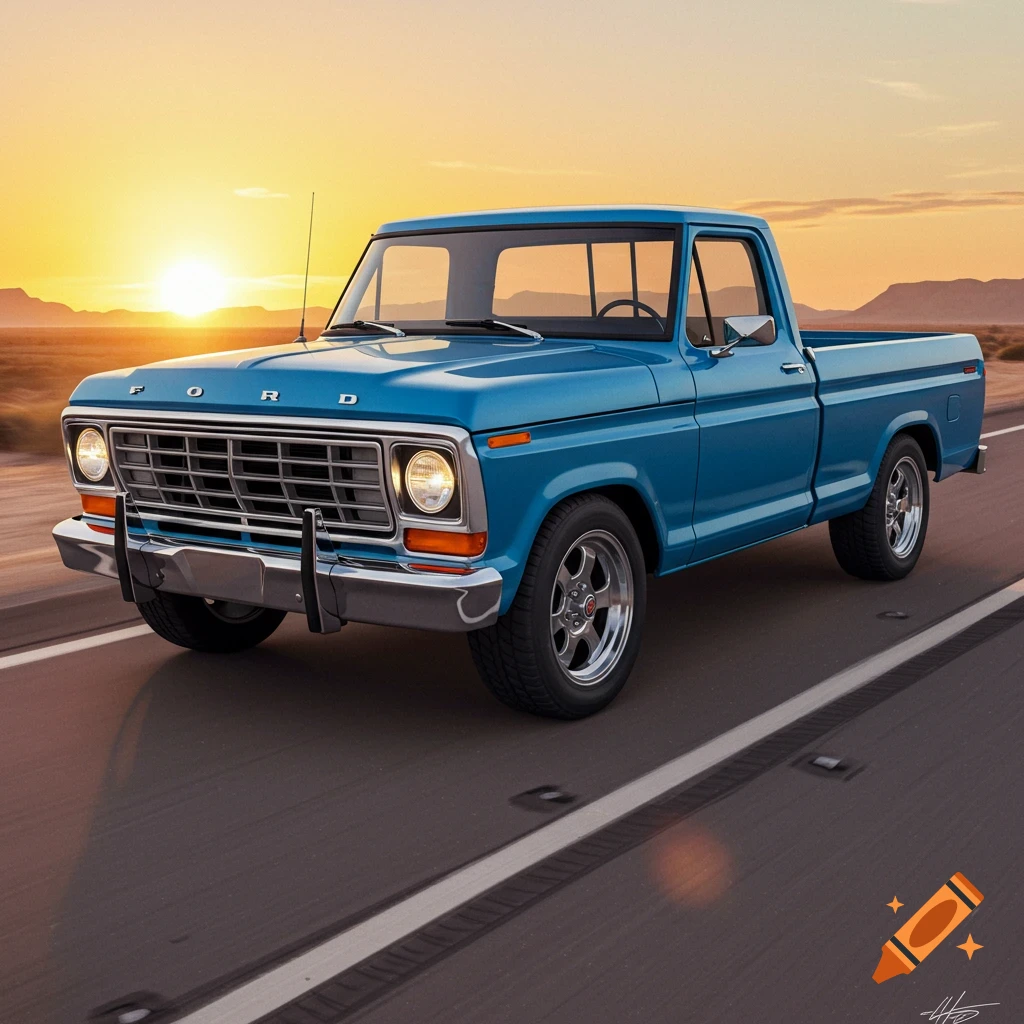 A blue classic Ford pickup truck drives on a road at sunset.