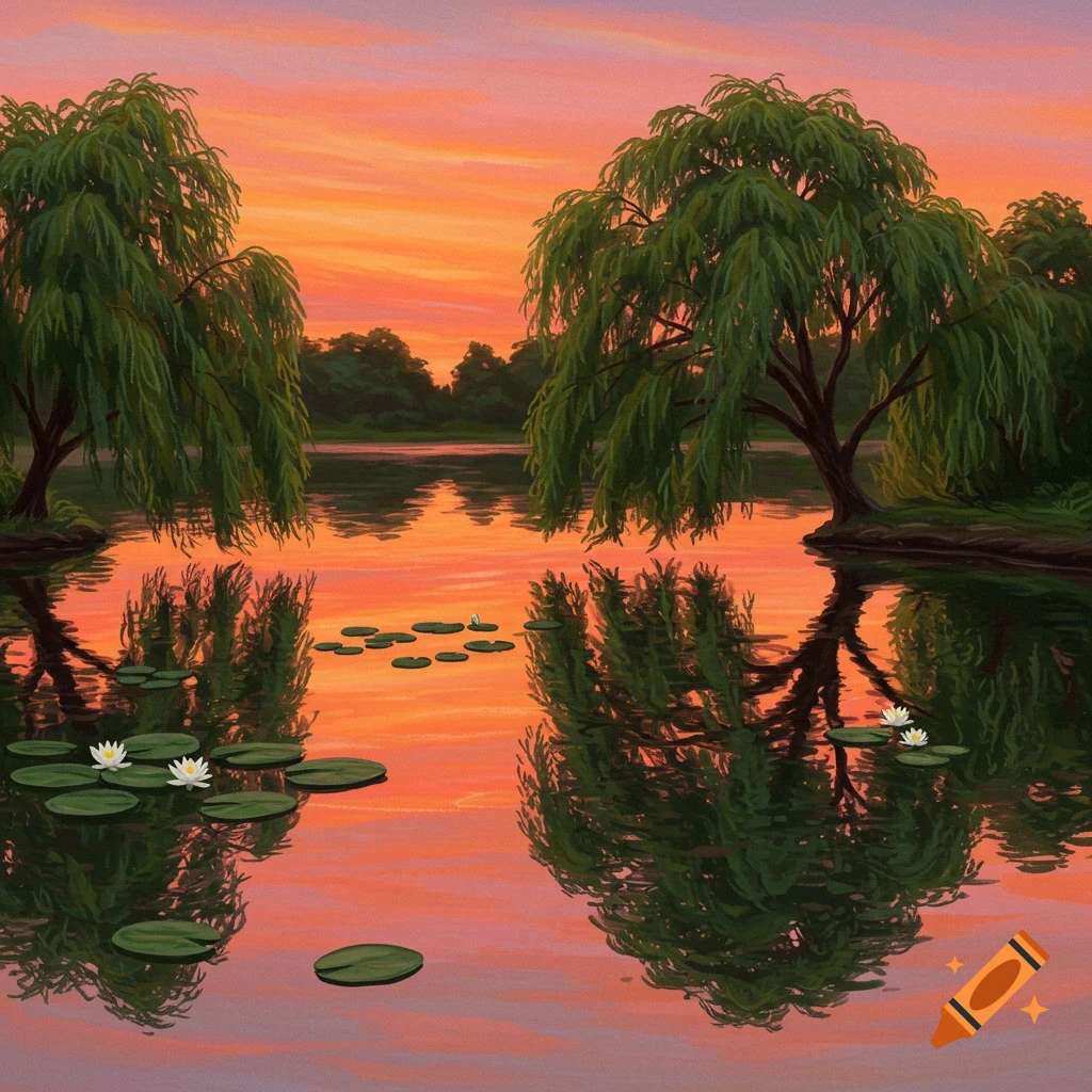 Willow trees reflecting in a lake with water lilies under a sunset sky.