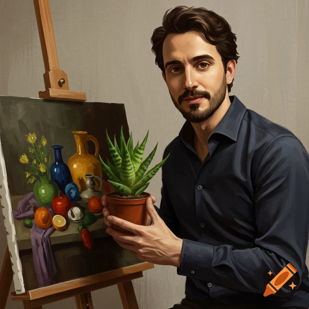 A man in a dark shirt holds a potted plant next to an easel with a still life painting on it.