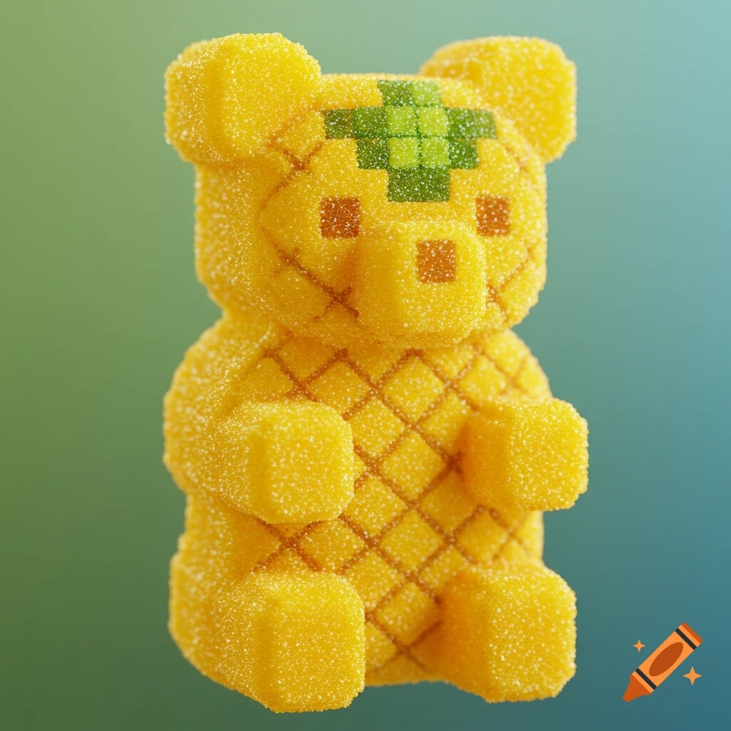 Sugared yellow pineapple gummy bear with pixelated green leaves