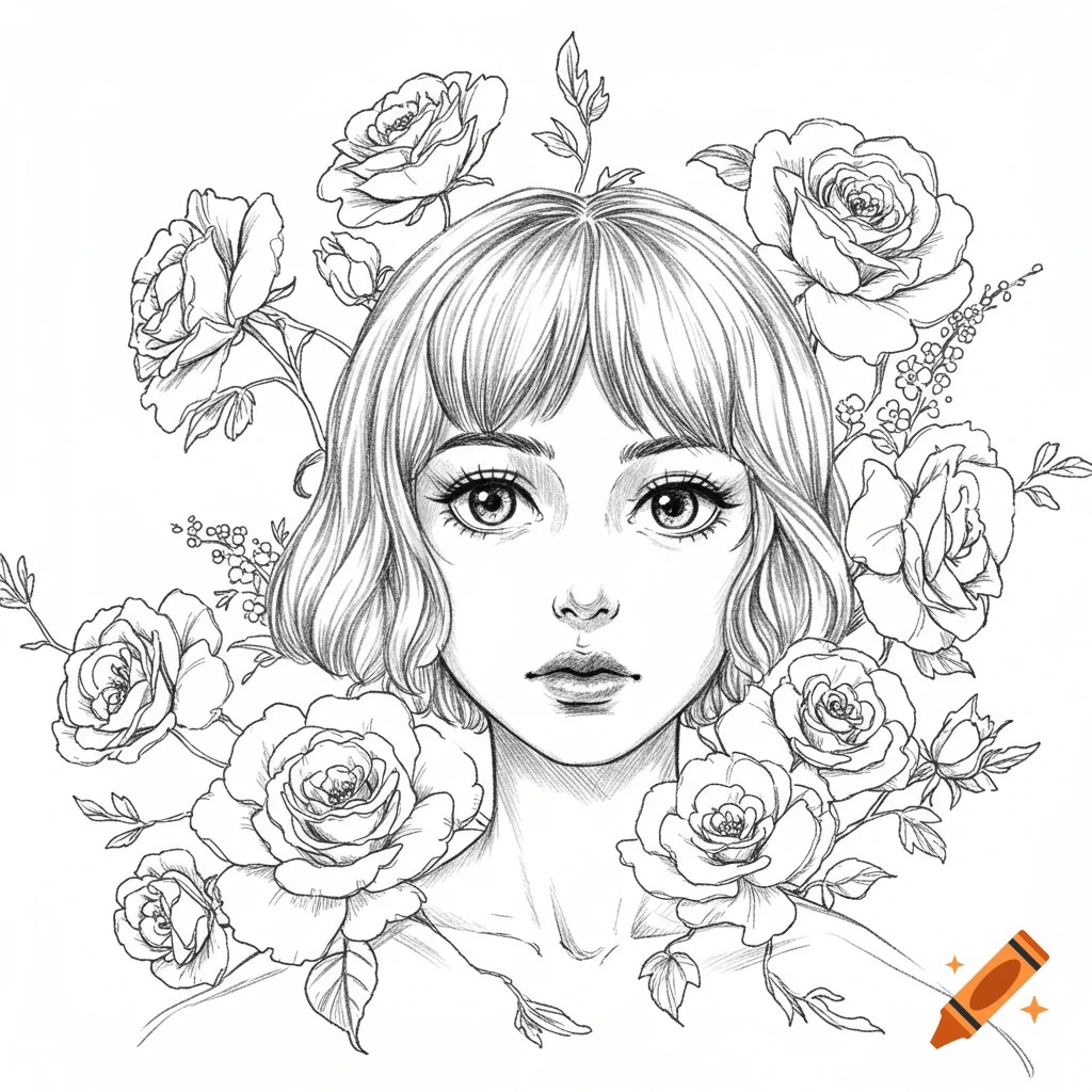 Sketch of a young woman's face surrounded by roses.