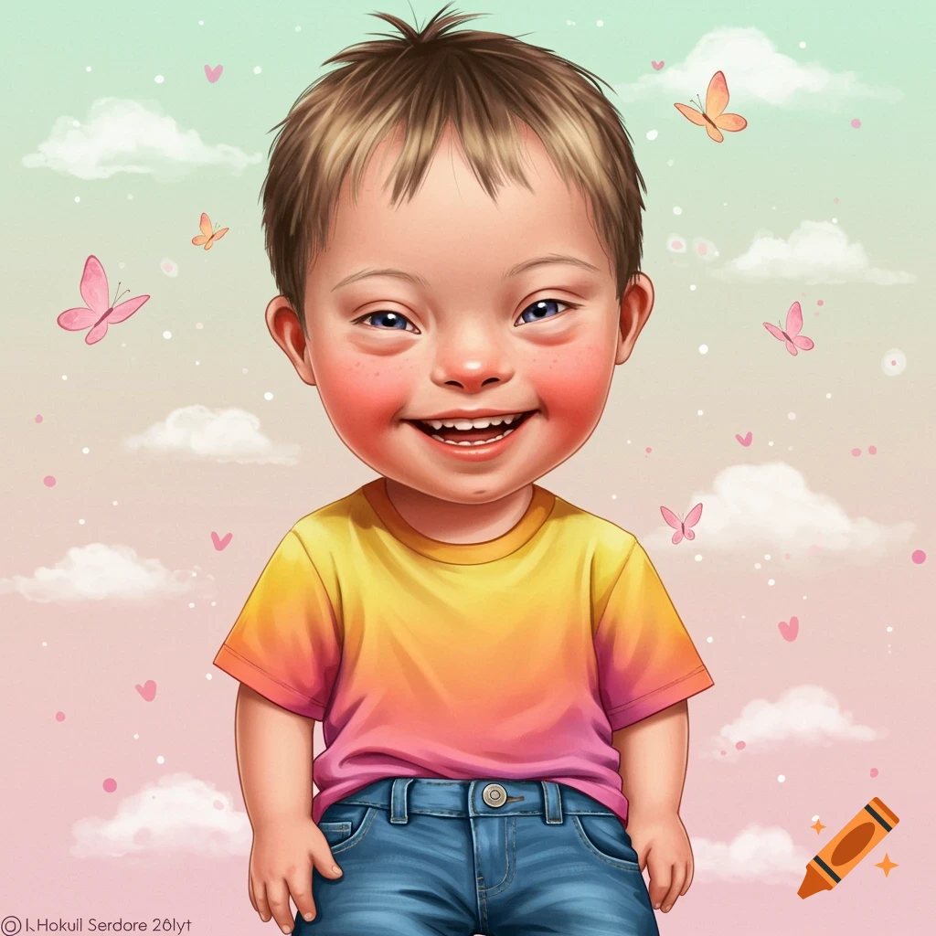 Smiling young boy with Down syndrome surrounded by butterflies and ...