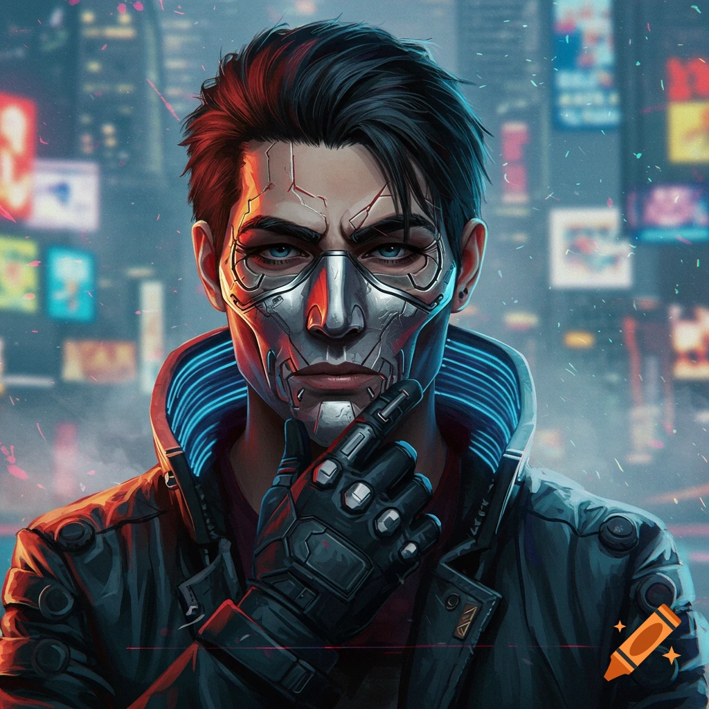 A person wearing a cybernetic mask in a cyberpunk city.
