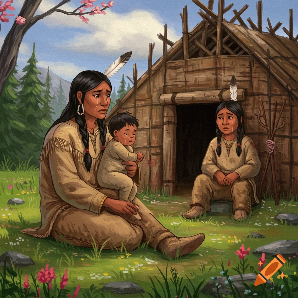 Crying Native American mother holding baby, sitting with girl outside a dwelling.