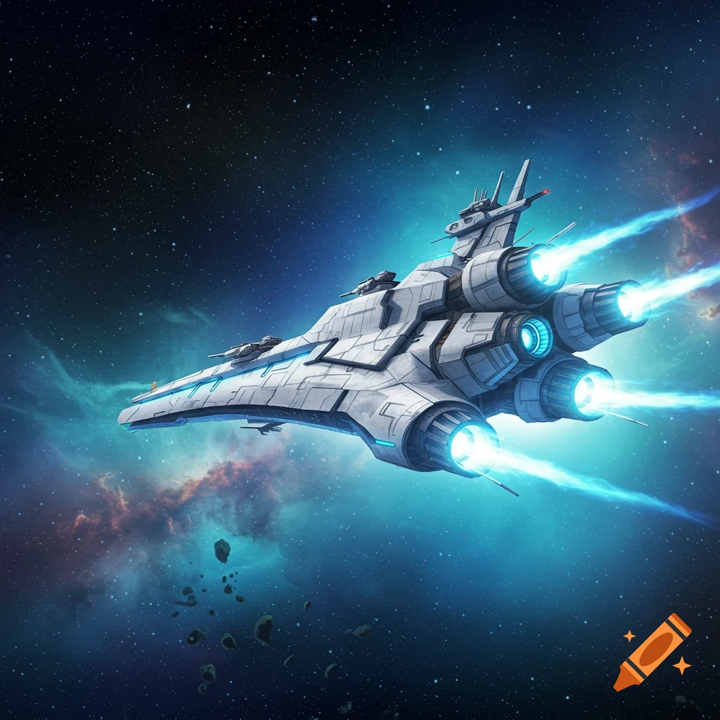 A white spaceship with glowing blue engines flying through a nebula in space