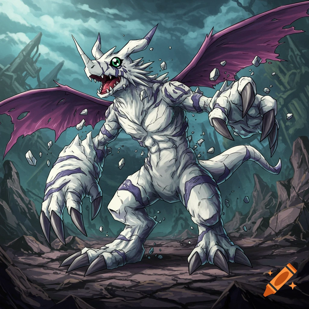 A white Digimon-like creature with purple wings roars in rocky ruins, its skin cracked like stone.