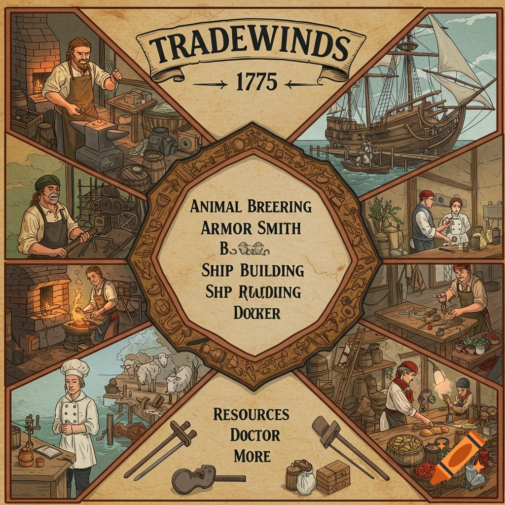 An illustrated advertisement for Tradewinds 1775 services, with panels showing blacksmithing, shipbuilding, animal breeding, cooking, and more.