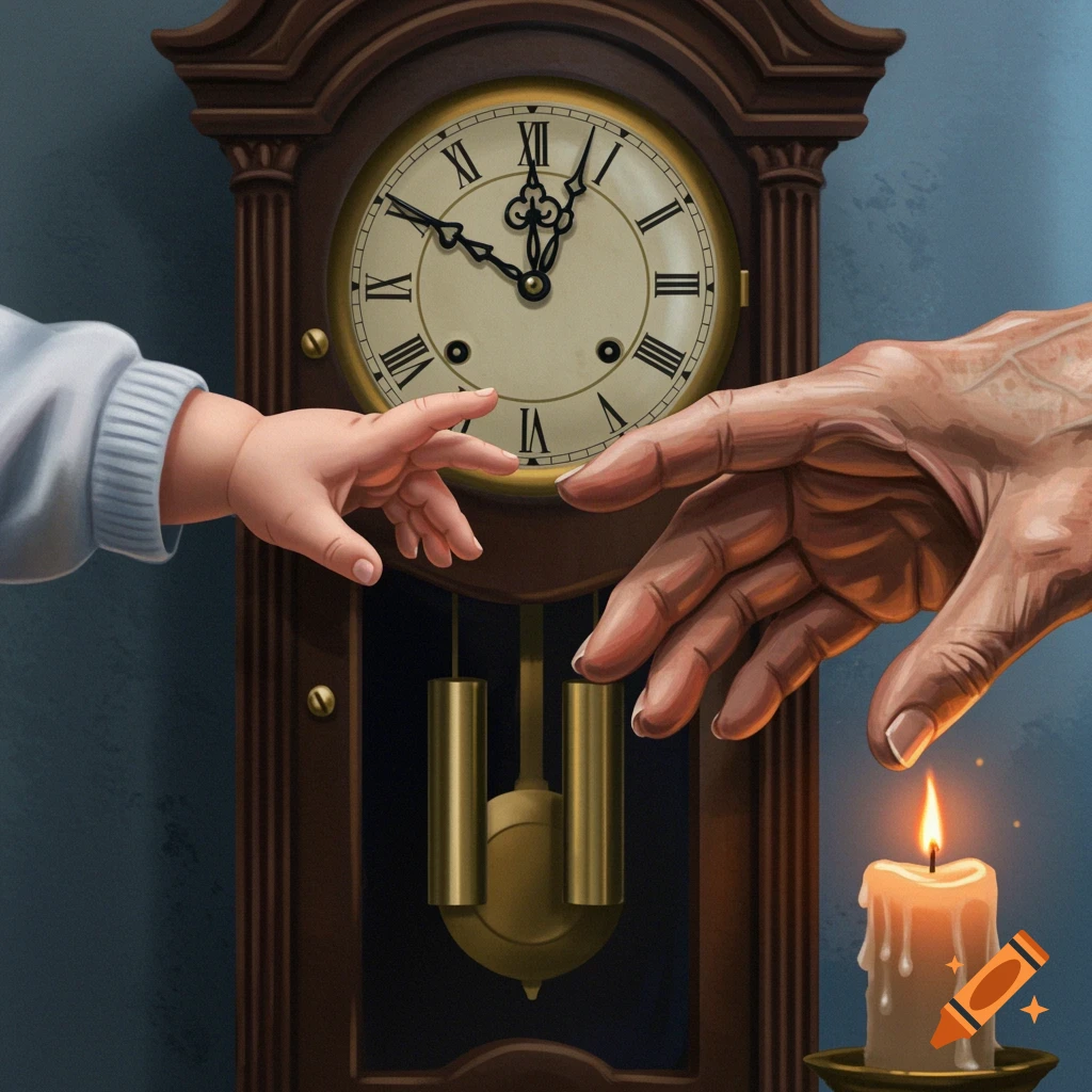 A baby's hand reaches towards an elderly hand near a grandfather clock and candle.