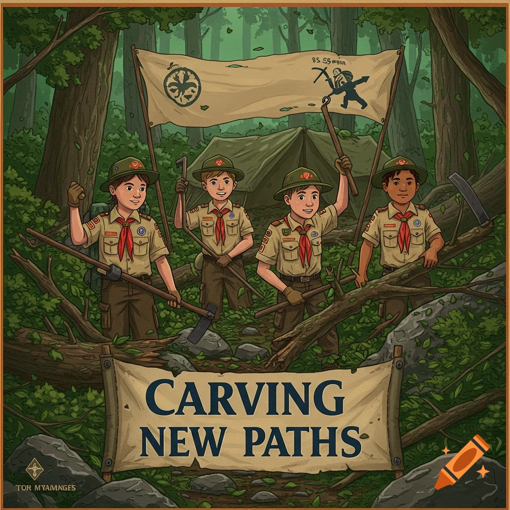 Illustration of four scout boys in uniform in a forest holding tools, standing around a fallen log. A banner in front says 'CARVING NEW PATHS'.