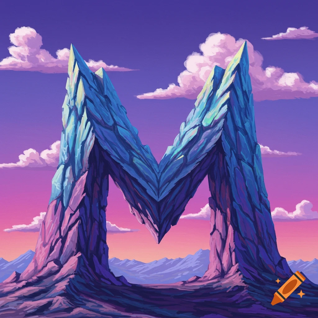 A rock formation shaped like an M sits in a mountain landscape under a colorful sky.