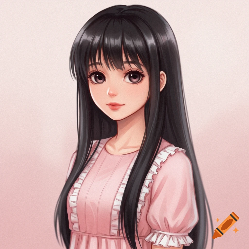 An anime portrait of a girl with long black hair wearing a pink ruffled dress.