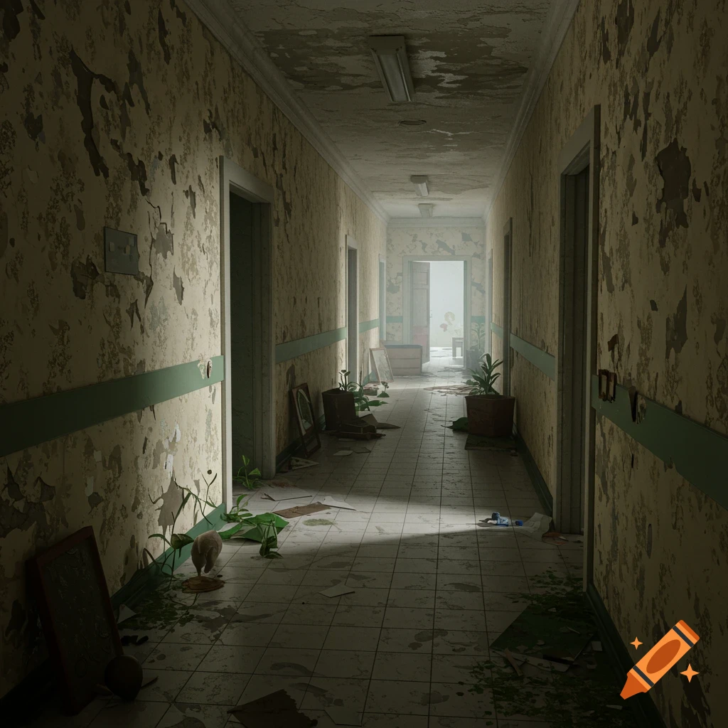 Long, decaying hallway with peeling wallpaper and debris on the floor. Sunlight streams in from the far end.