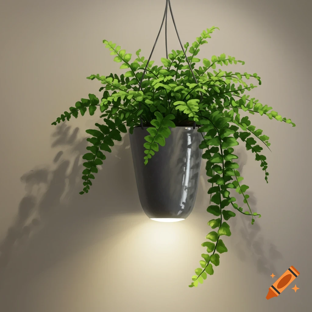 A hanging fern plant in a grey pot with a light underneath.