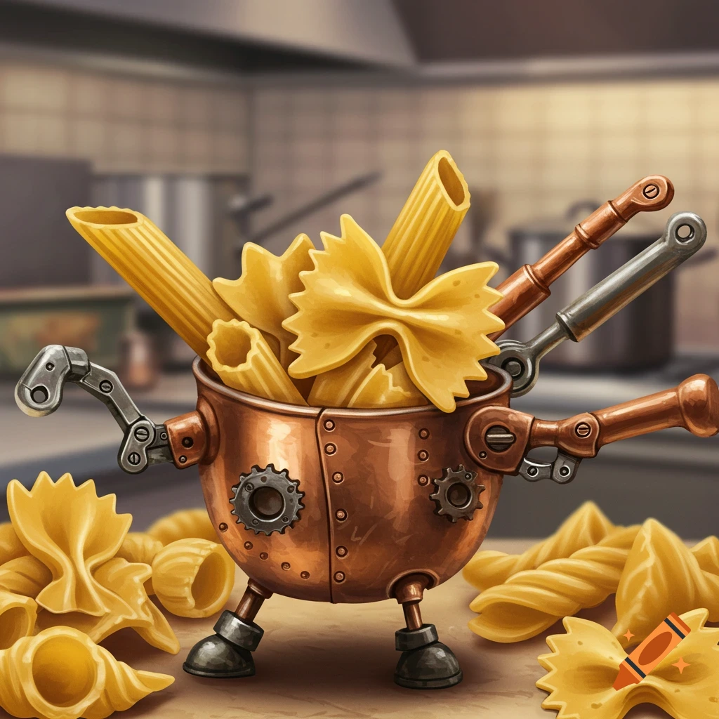 A steampunk pot robot filled with pasta shapes.