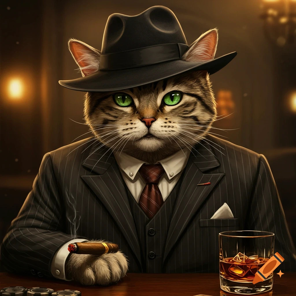 An image of a cat dressed as a mafia boss in a suit, holding a cigar at a poker table.