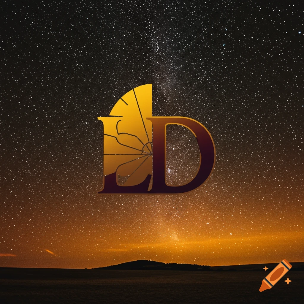 A golden and reddish-purple logo with the letters LD floats over a starry night sky.