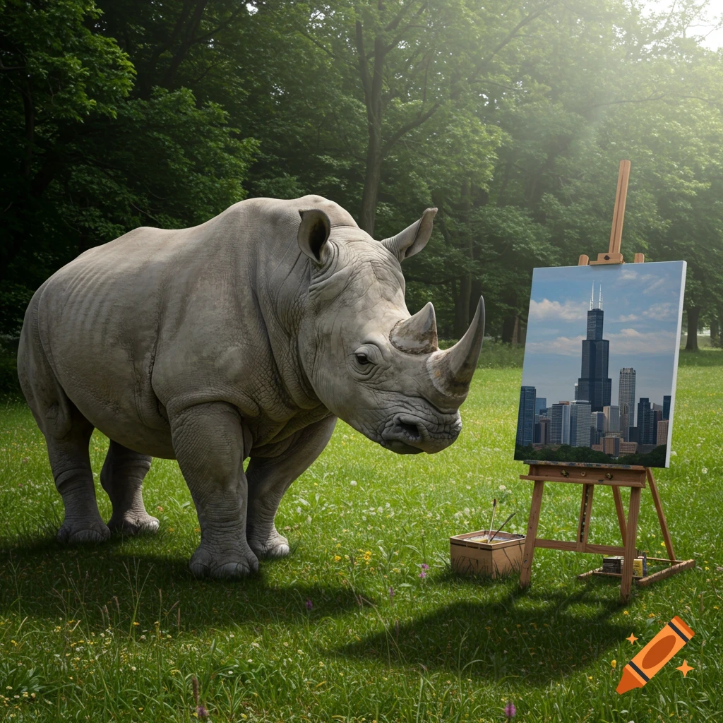 A realistic image of a rhino standing in a grassy field, looking at a painting of the Chicago skyline on an easel.