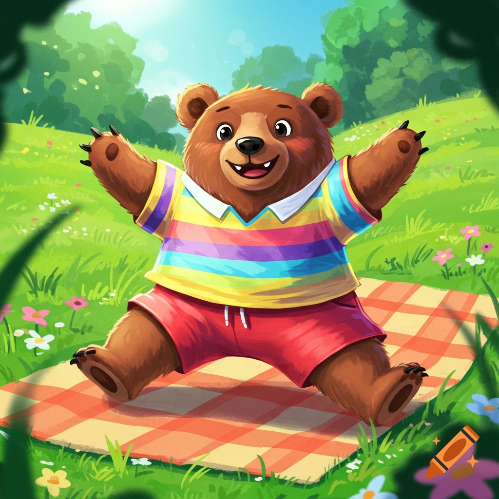 Cartoon bear in rainbow shirt sits on picnic blanket in a field.