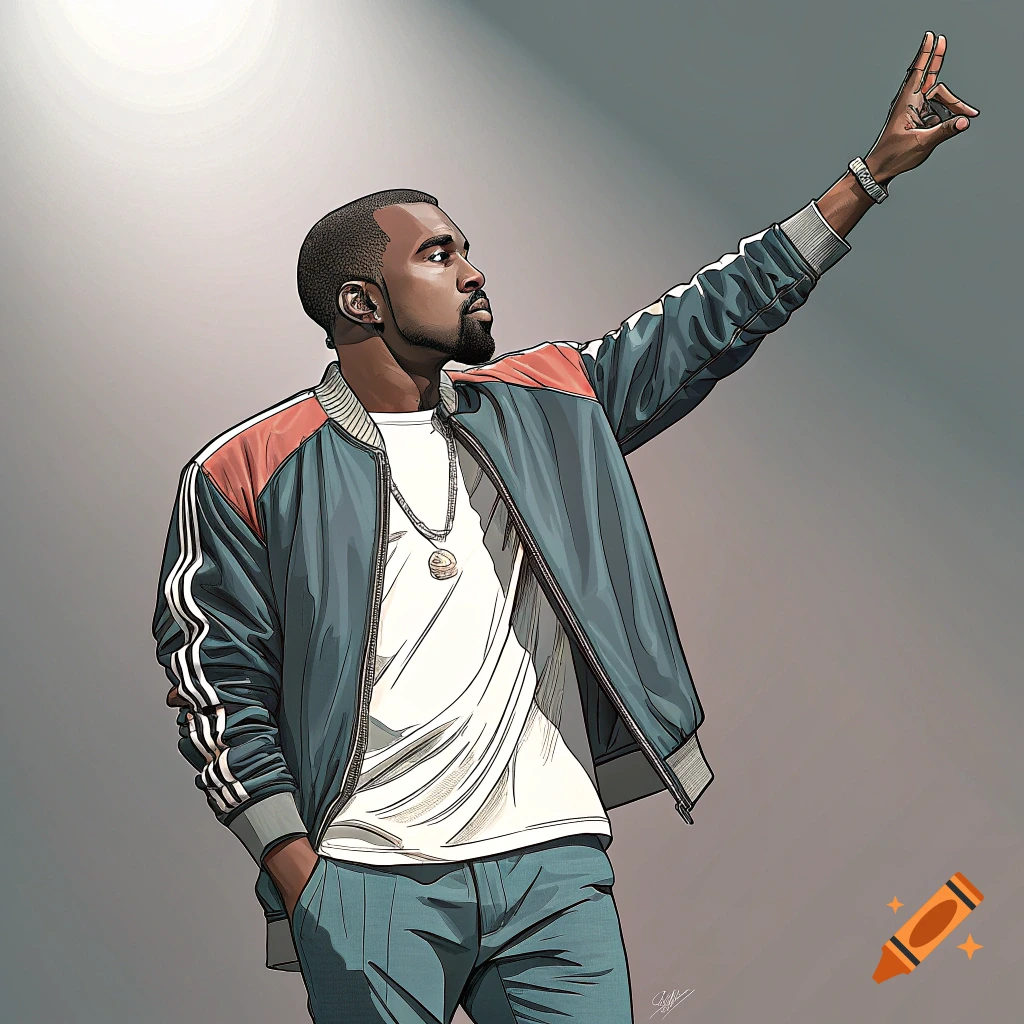 Illustration of Kanye West in a bomber jacket, raising his hand.