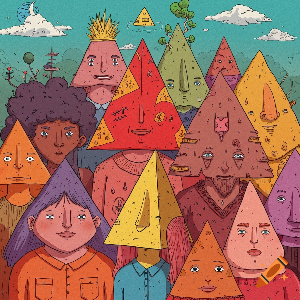 A crowd of diverse people with triangle heads stand in a surreal landscape.