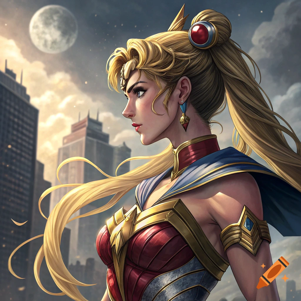 A character fused from Sailor Moon and Wonder Woman stands before a city skyline at night.