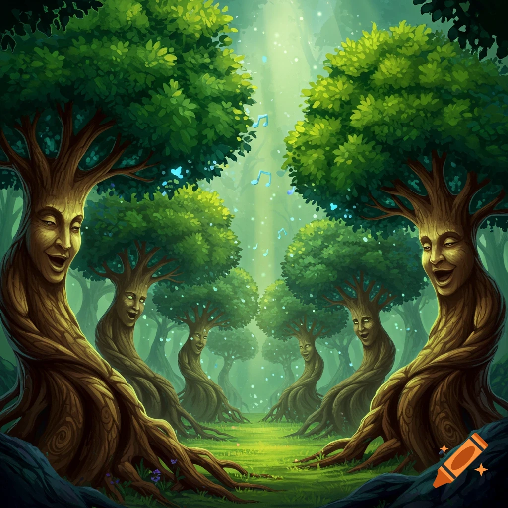 Sentient trees with faces singing in a forest clearing.
