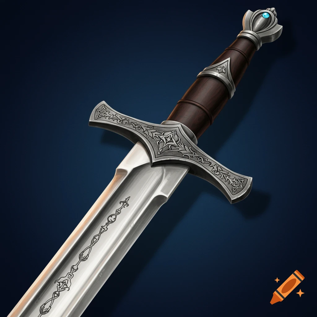 Detailed depiction of a steel longsword with ornate hilt and blade