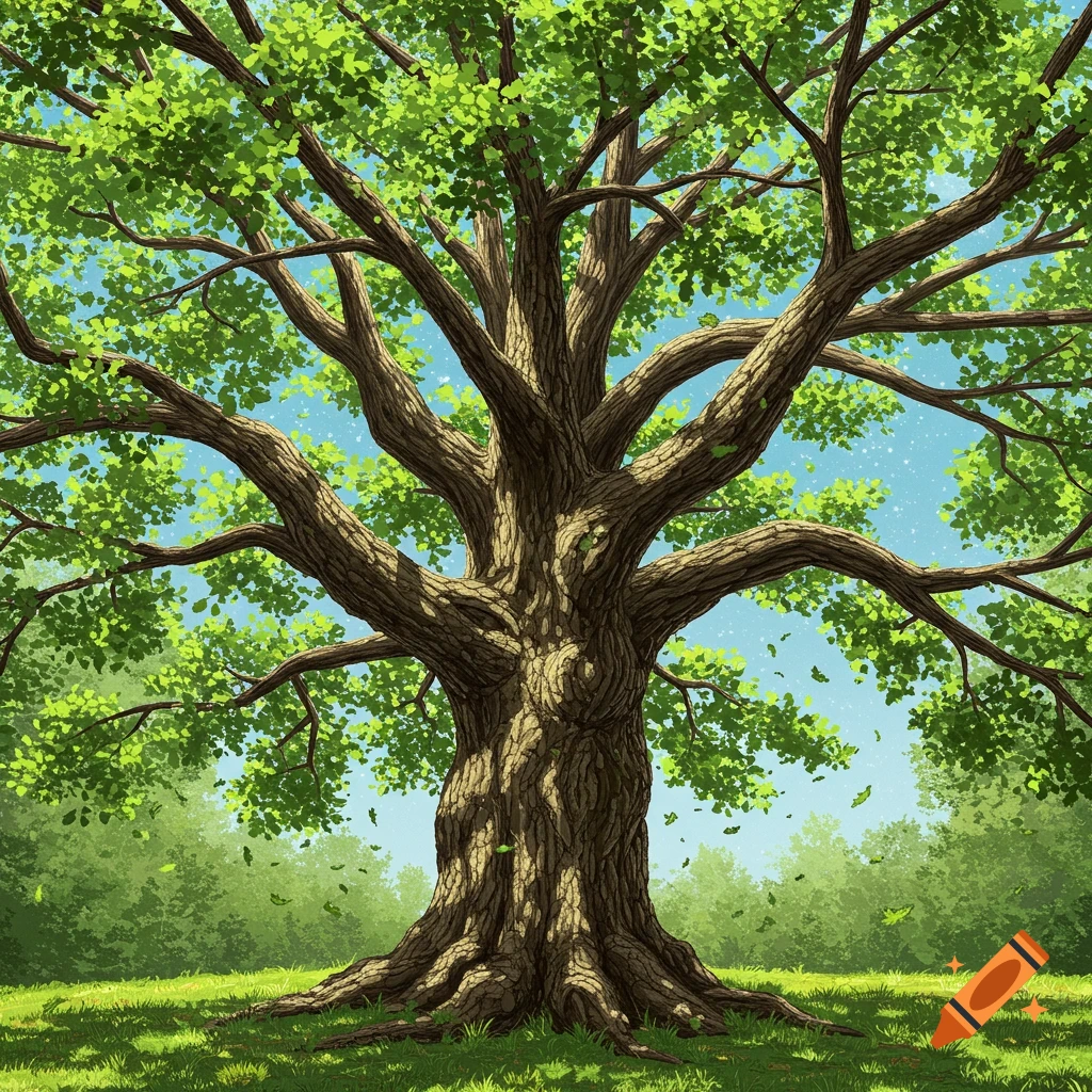 A large green tree stands in a grassy field under a clear sky.