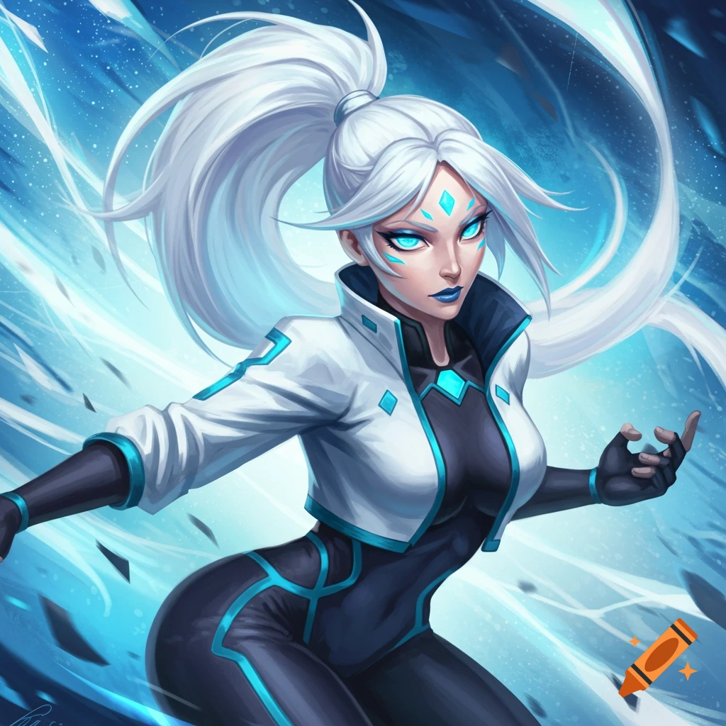 A character portrait of a female with white hair and striking blue accents on her face and suit, set against a dynamic blue background.