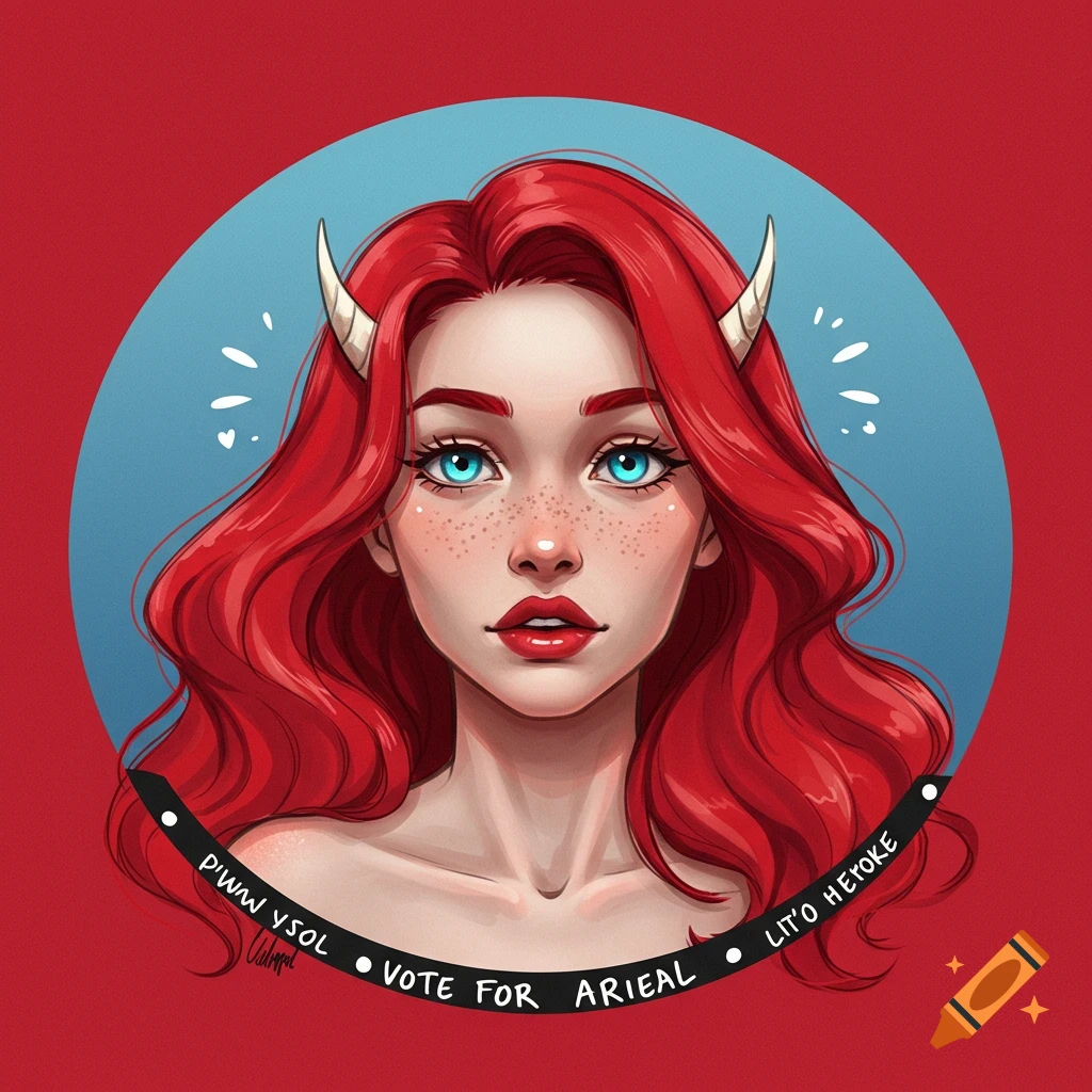 Stylized portrait of a character with red hair, horns, blue eyes, and freckles on a red background, with text around her neck
