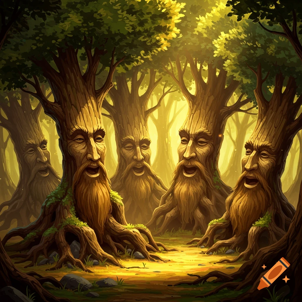Trees with carved faces singing in a sunlit forest clearing.