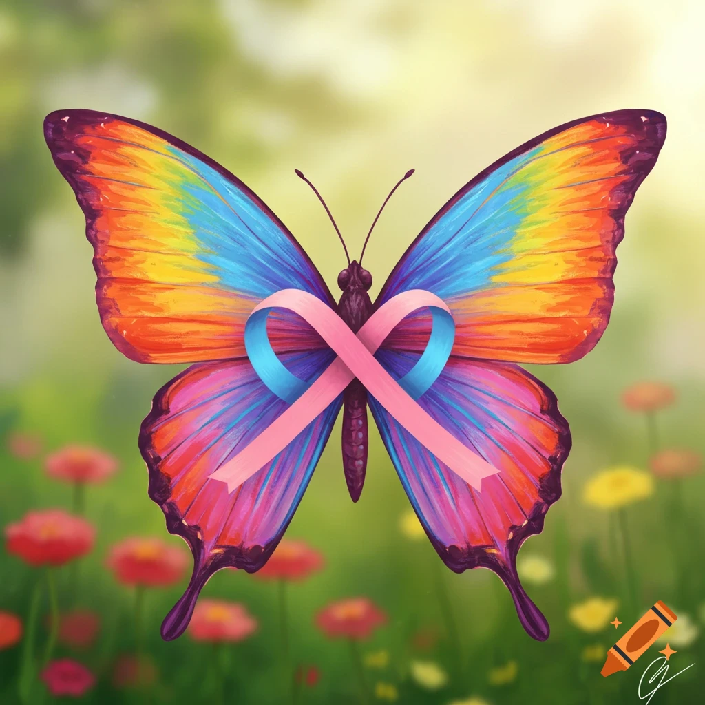 A colorful butterfly with a pink and blue ribbon forming its body is in a garden with flowers.
