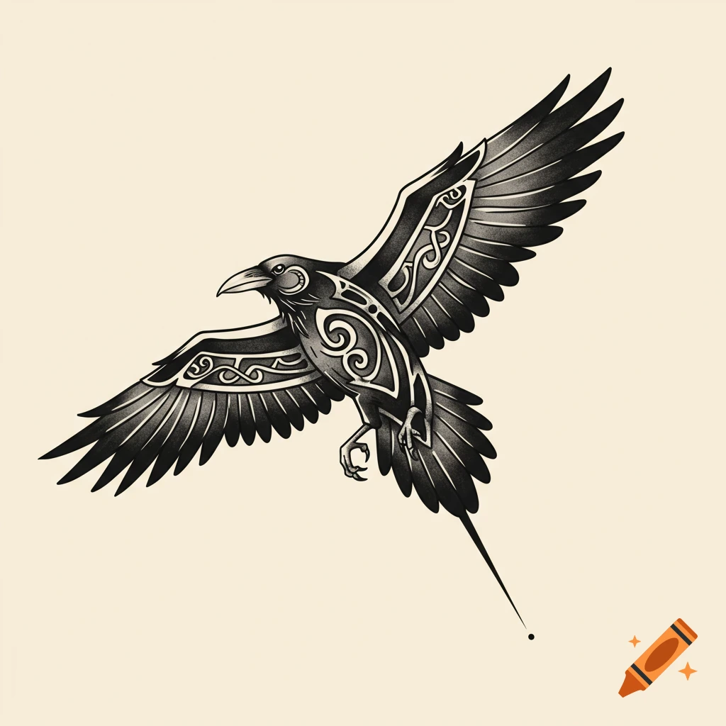 Black and white illustration of a raven with decorative Norse/Celtic patterns flying