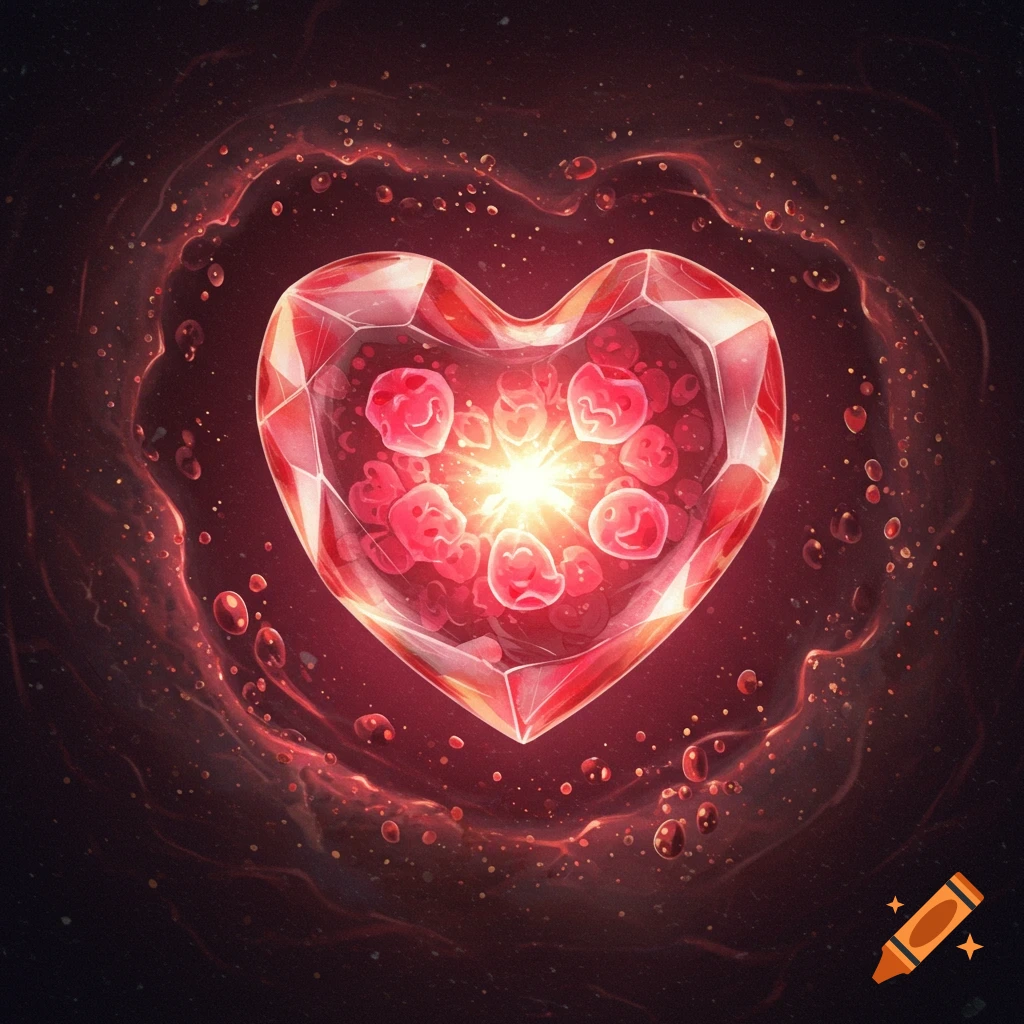 A sparkling red heart-shaped gem, surrounded by light and floating particles.