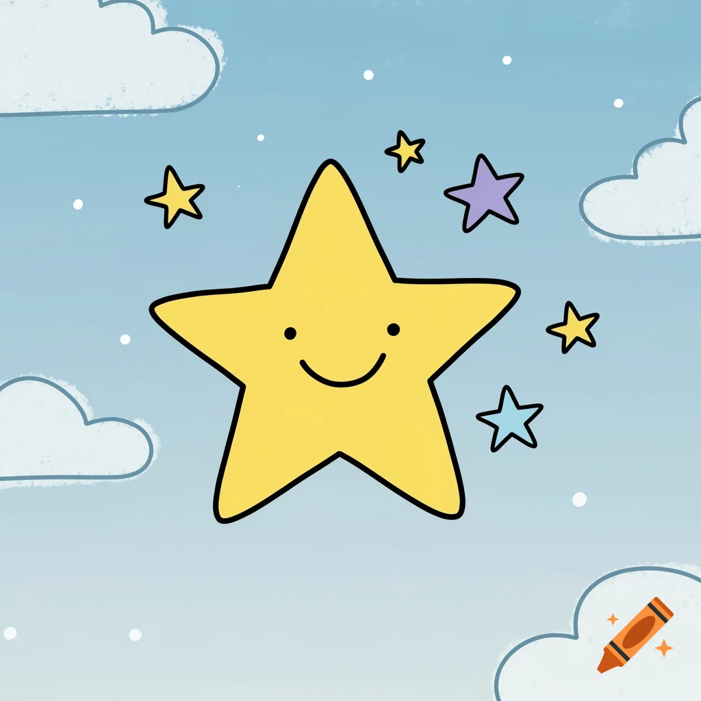 A smiling yellow star in a blue sky with clouds and smaller stars.