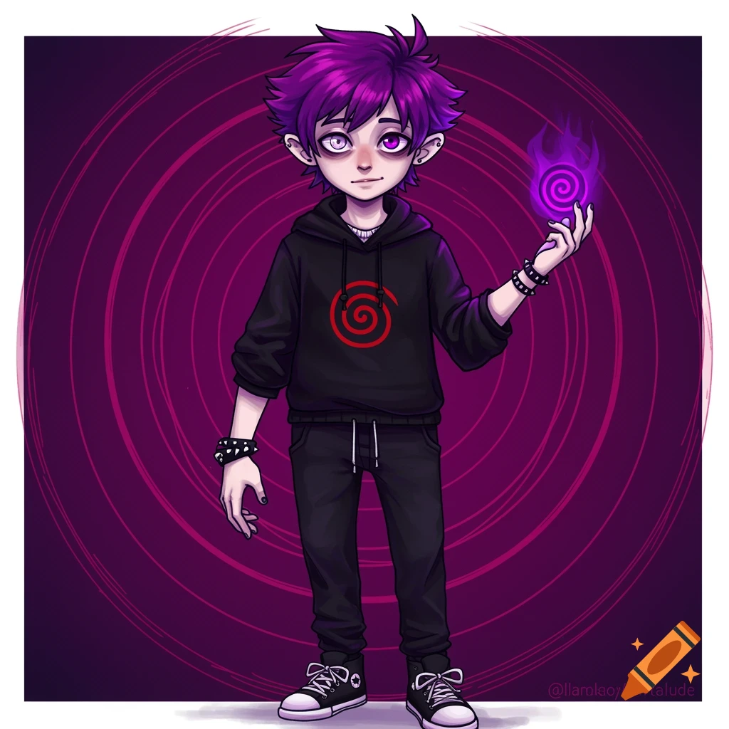 A young person with purple hair and unique eyes holds a purple energy ball.