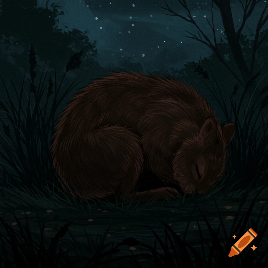 A curled up brown furry animal sleeps in dark grass at night with trees and stars in the background.