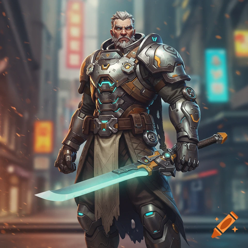 A male warrior in futuristic armor holds a glowing sword in a city street.