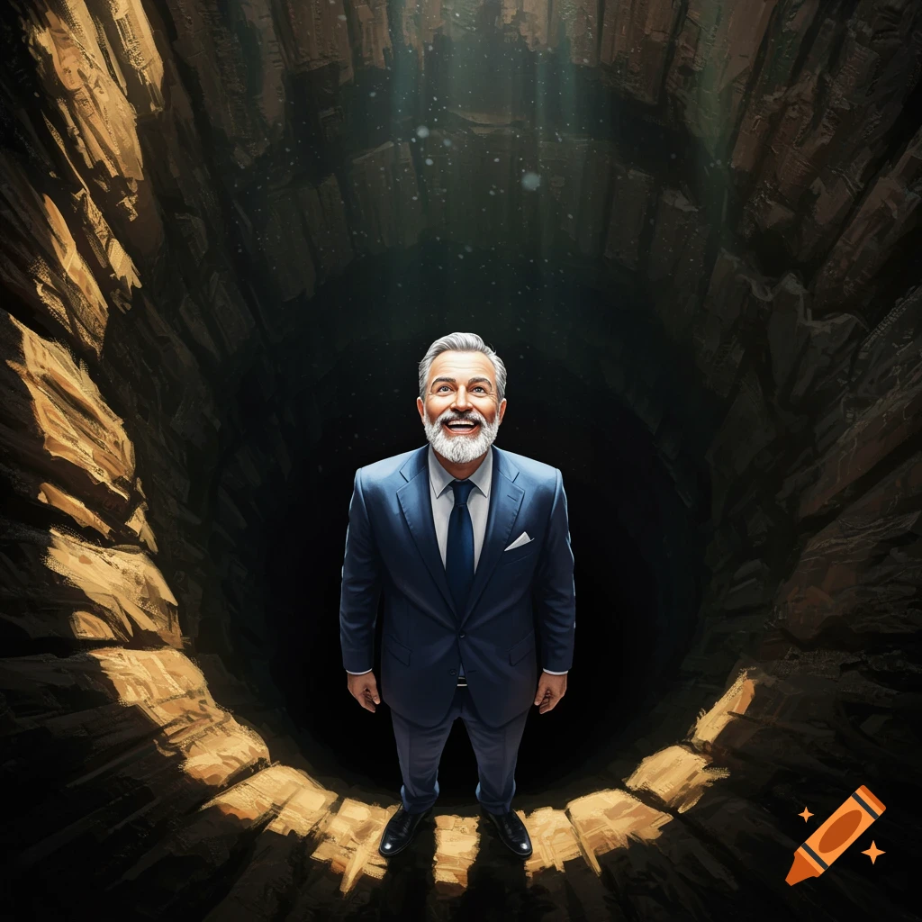 A man in a suit looking up from the bottom of a deep dark hole with light shining in