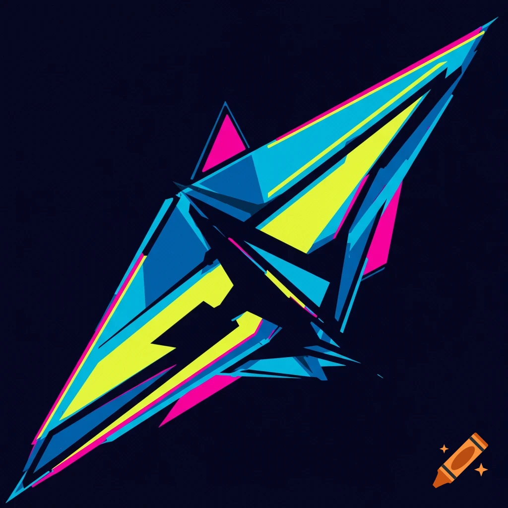 Abstract geometric shape with sharp angles in blue, yellow, and pink on a dark background.