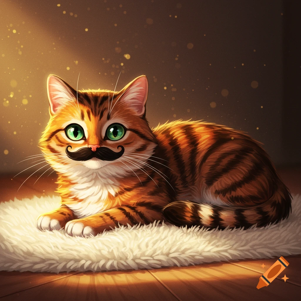 An orange tabby cat with a mustache laying on a fluffy rug.