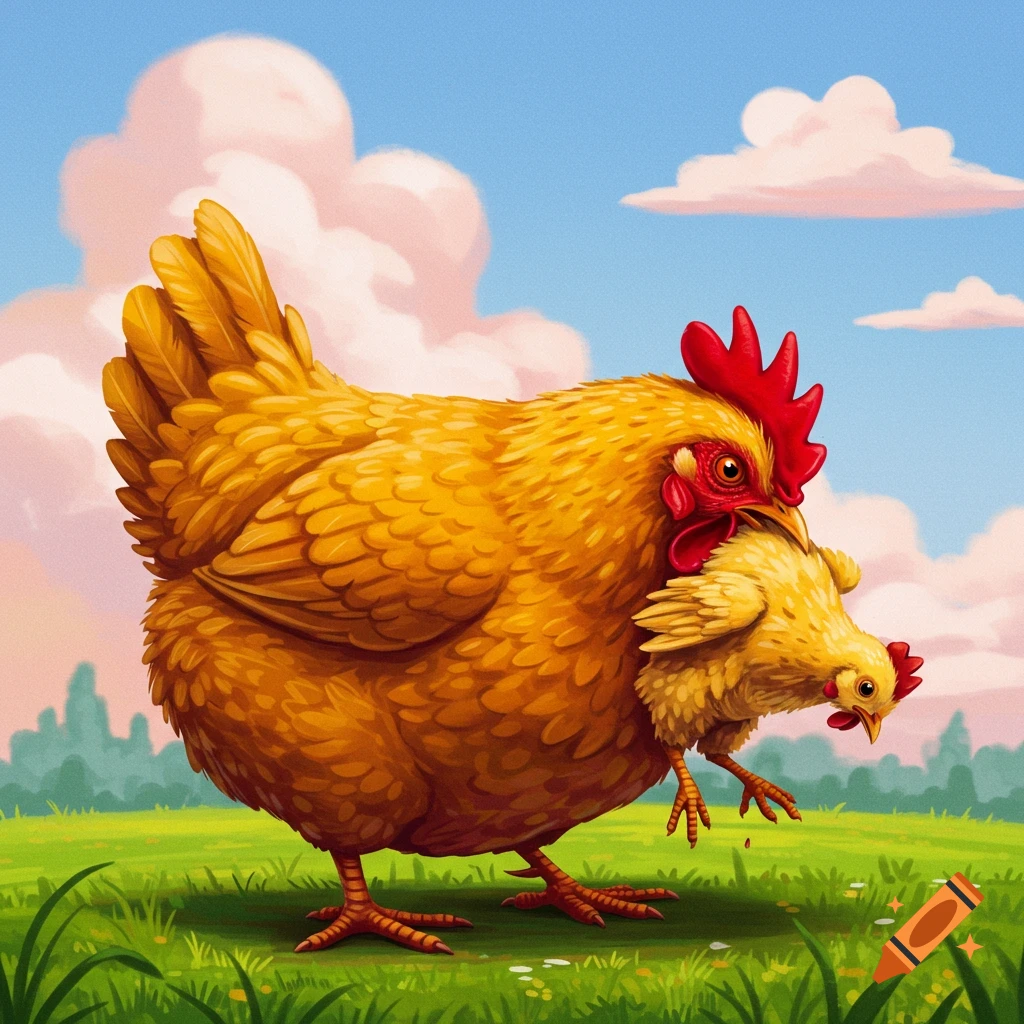 A large chicken holds a small chicken in its mouth in a grassy field.