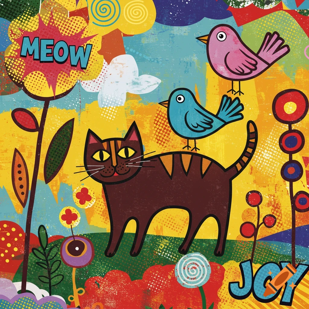 Colorful depiction of a cat, two birds, and pop art words 'MEOW' and 'JOY' in a folk art style.