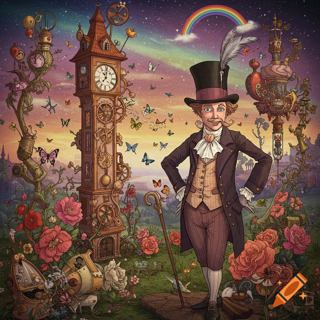 A dandy character stands in a surreal, colorful landscape with a clock tower and steampunk elements.
