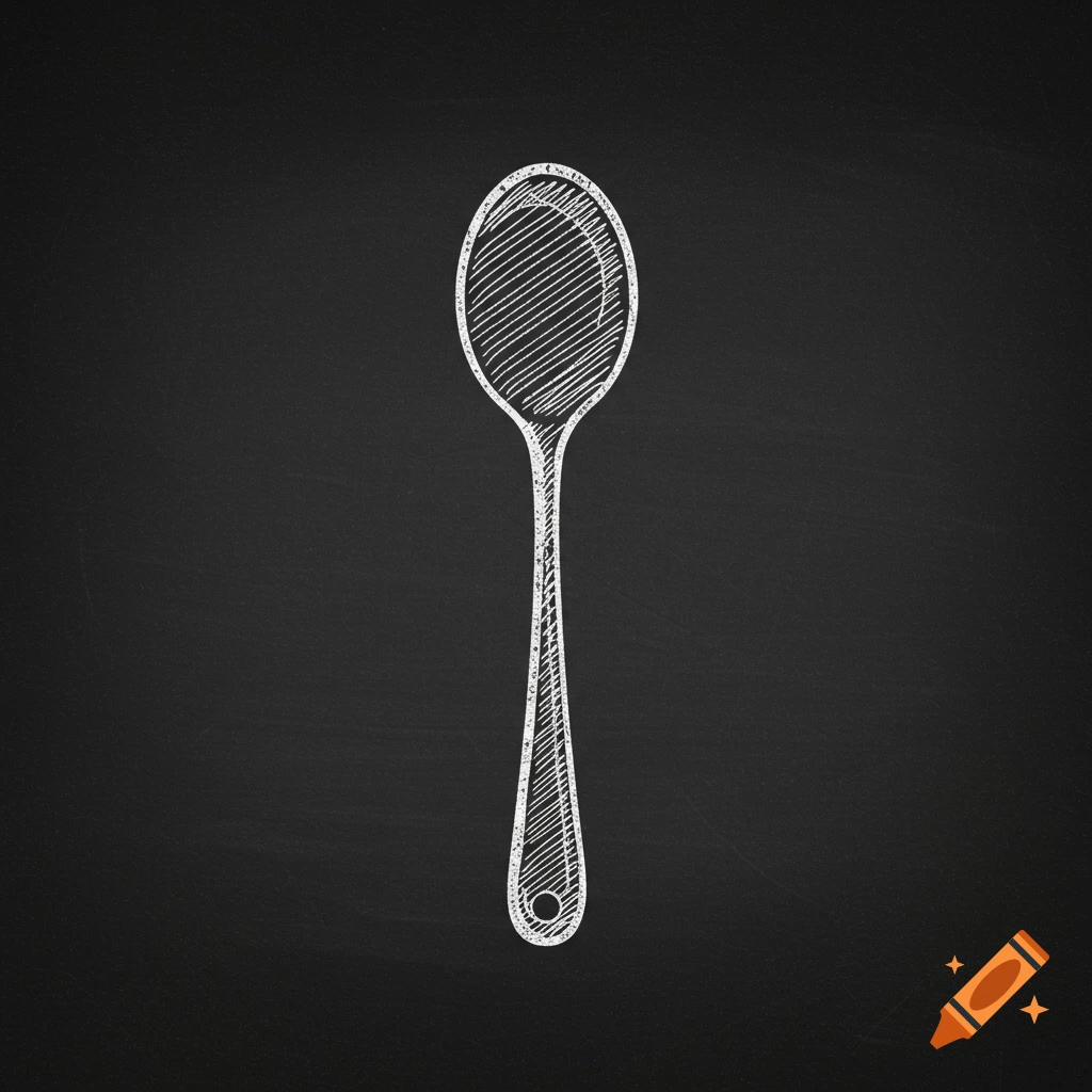 White chalkboard sketch of a spoon on a black background