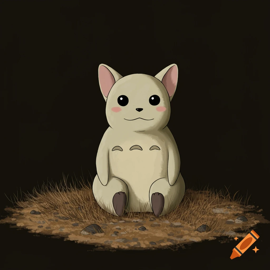 Cute cartoon creature similar to Totoro sits on grass.