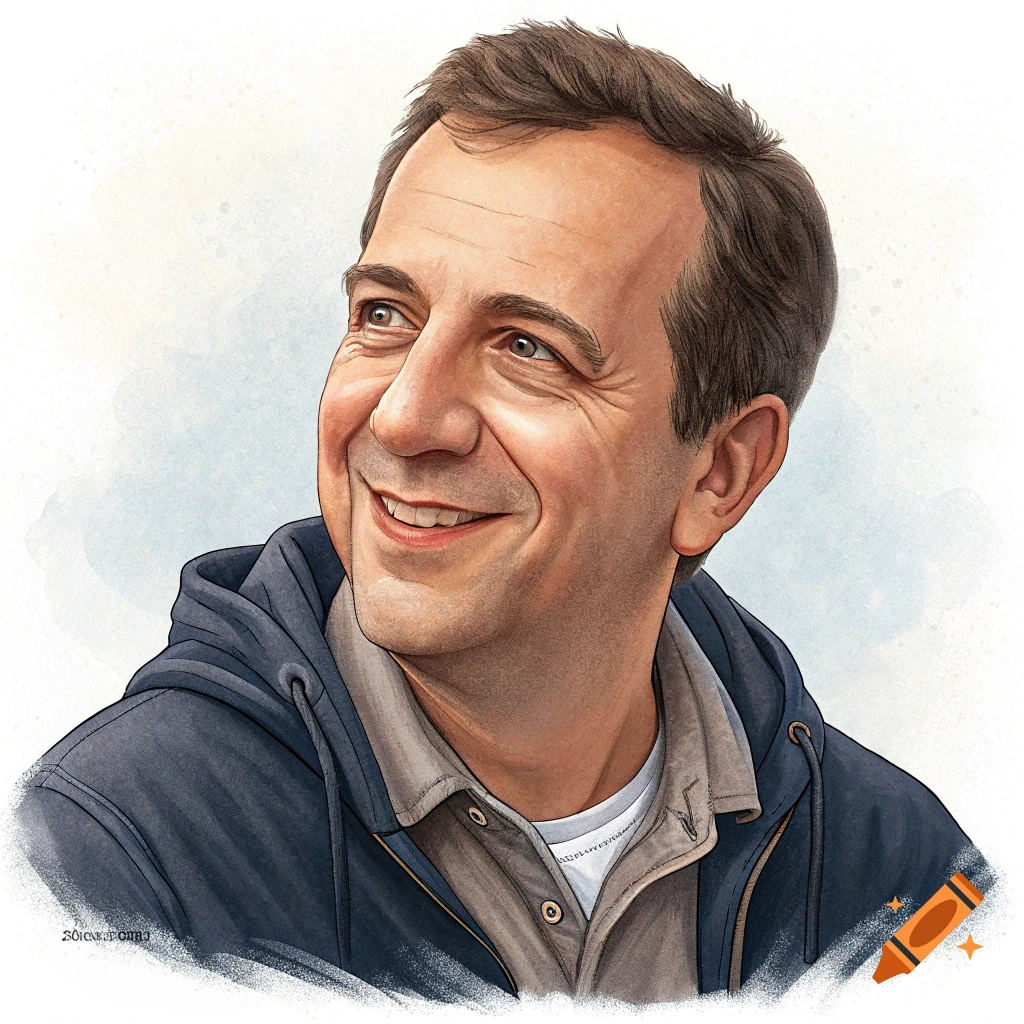 A watercolor portrait of a man smiling and looking up and to the right.