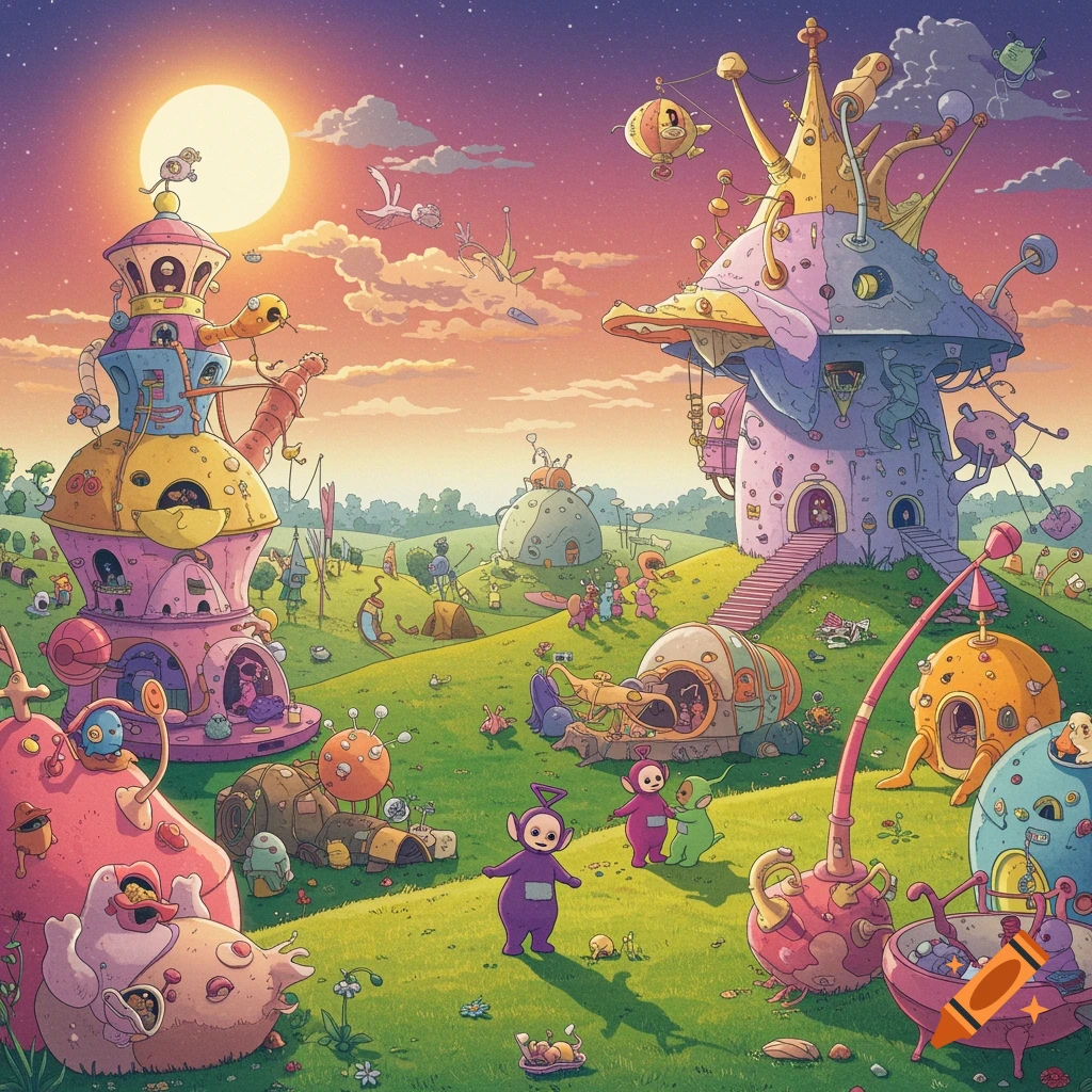 A colorful, surreal landscape featuring strange, whimsical structures on hills, with Teletubbies and fantastical creatures.